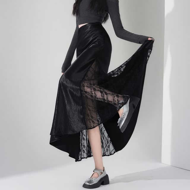 Satin Panel Lace Maxi A-Line Skirt - Altfashion Shop
