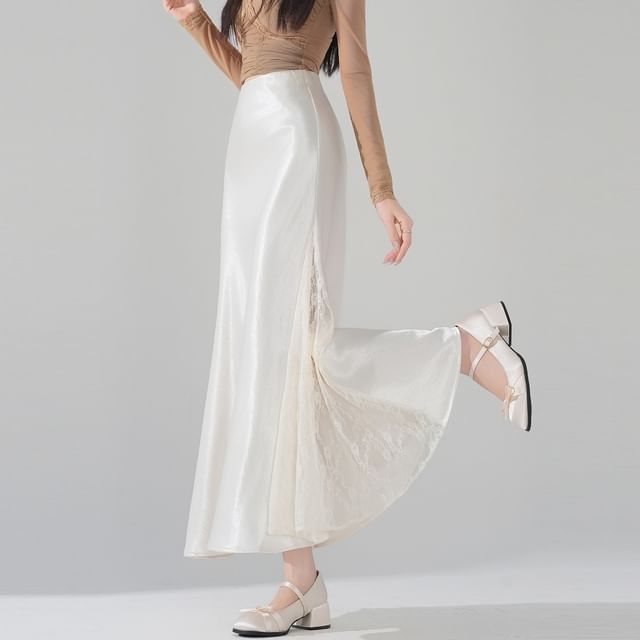 Satin Panel Lace Maxi A-Line Skirt - Altfashion Shop