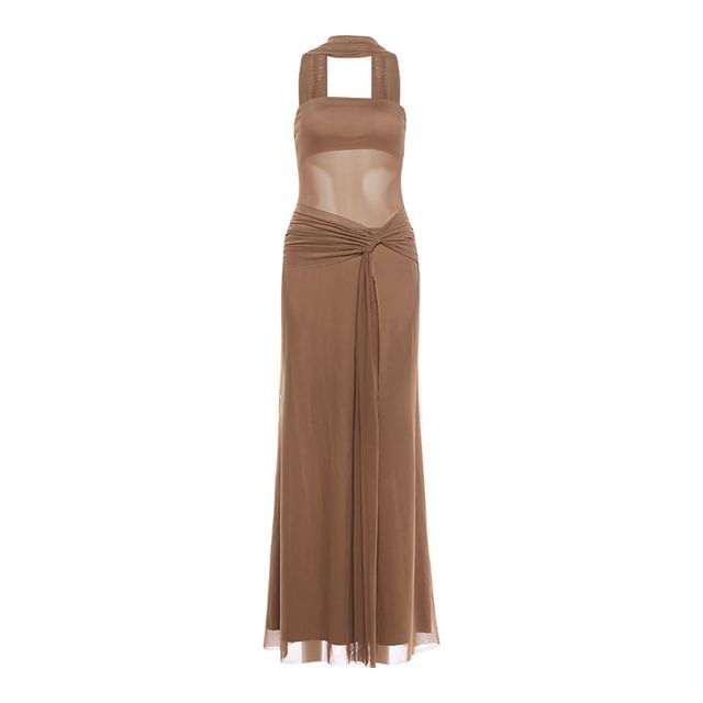 Set: Strapless Plain Sheer Panel Tie Waist Maxi Bodycon Dress + Scarf