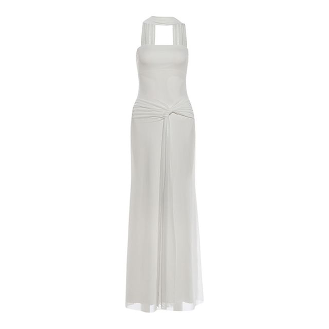 Set: Strapless Plain Sheer Panel Tie Waist Maxi Bodycon Dress + Scarf
