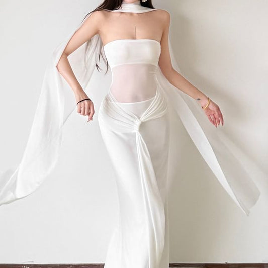 Set: Strapless Plain Sheer Panel Tie Waist Maxi Bodycon Dress + Scarf