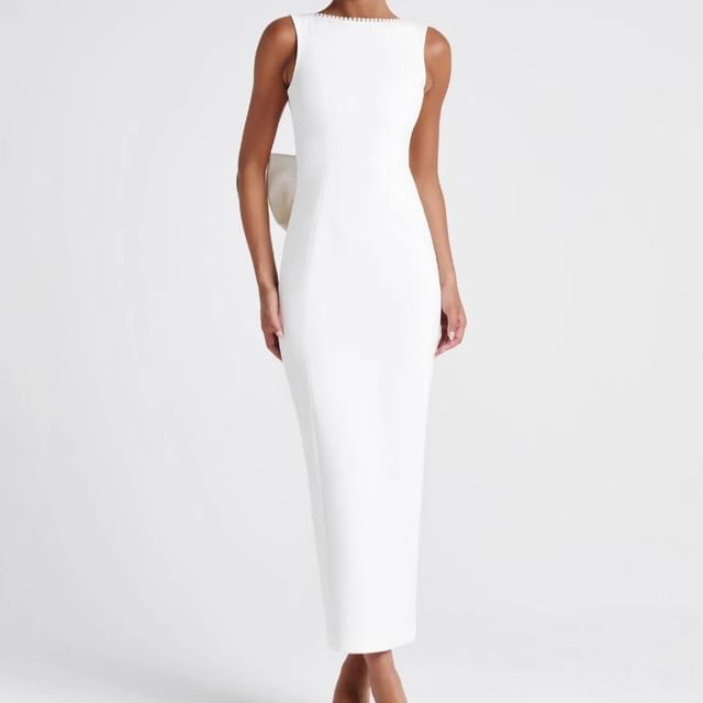 Sleeveless Round Neck Faux Pearl Detail Maxi Bodycon Dress