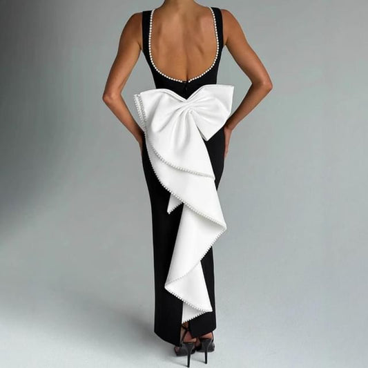Sleeveless Round Neck Faux Pearl Detail Maxi Bodycon Dress