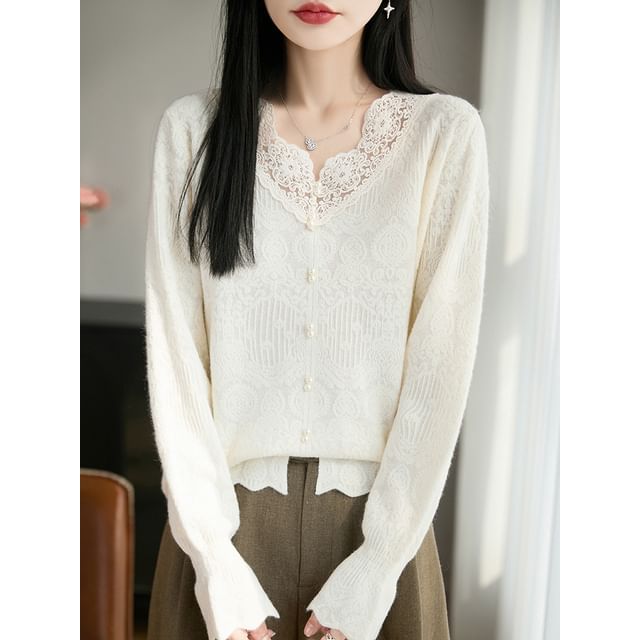 Lace Trim Faux Pearl Button-Up Cardigan