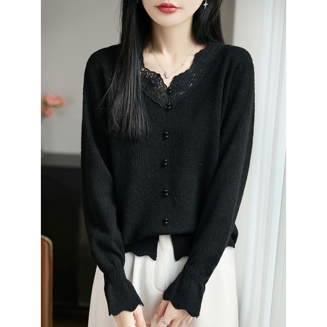Lace Trim Faux Pearl Button-Up Cardigan