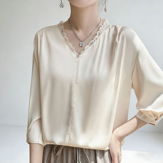 Satin V-Neck Lace-Trim Blouse with Three-Quarter Sleeves