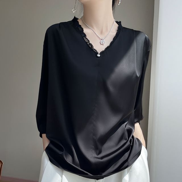Satin V-Neck Lace-Trim Blouse with Three-Quarter Sleeves