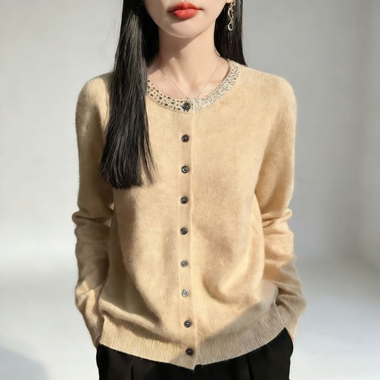 Rhinestone Trim Button-Up Cardigan