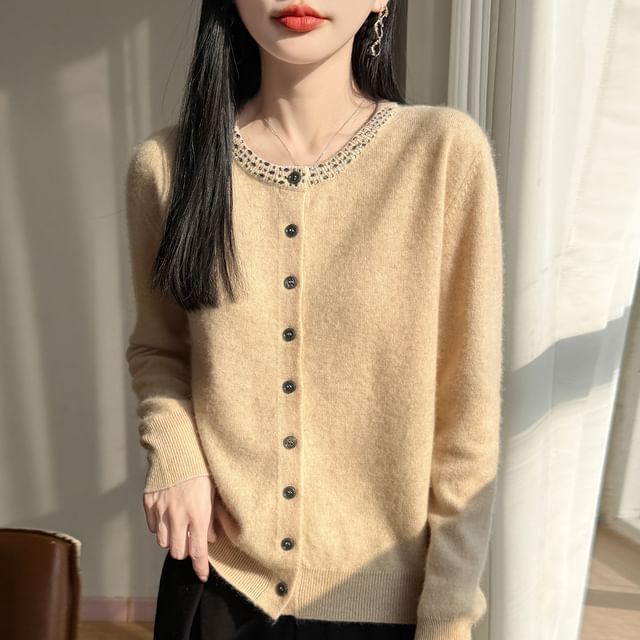 Rhinestone Trim Button-Up Cardigan
