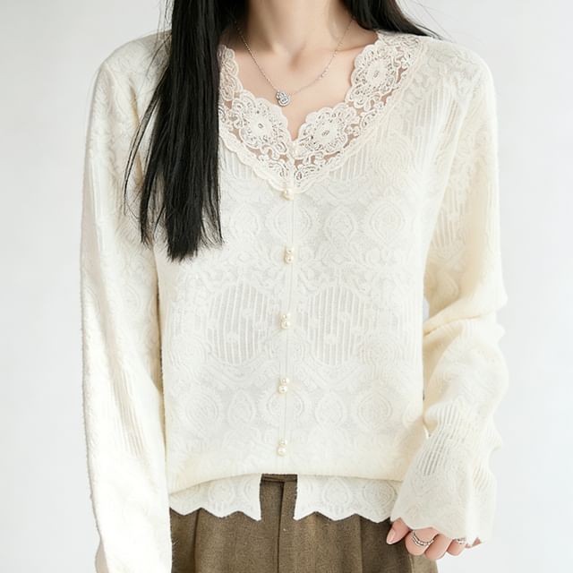 Lace Trim Faux Pearl Button-Up Cardigan