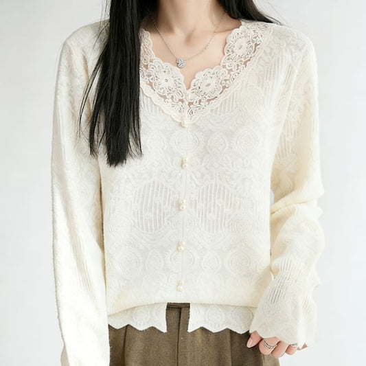 Lace Trim Faux Pearl Button-Up Cardigan