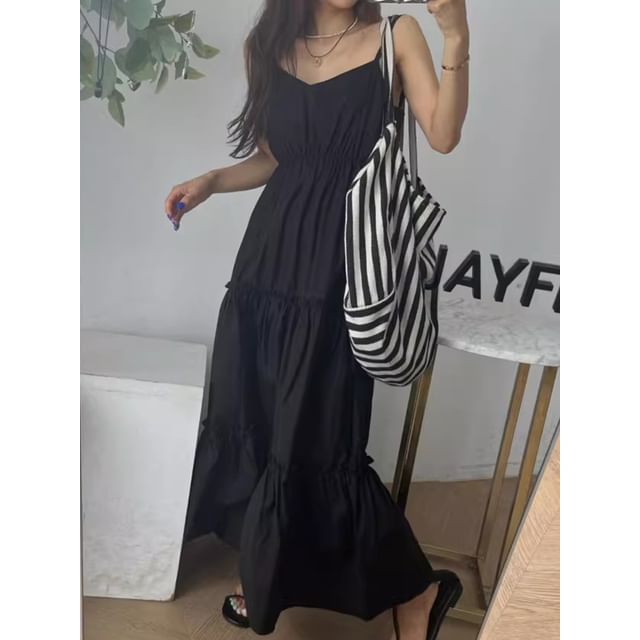 Spaghetti Strap Plain Shirred Midi A-Line Tiered Dress