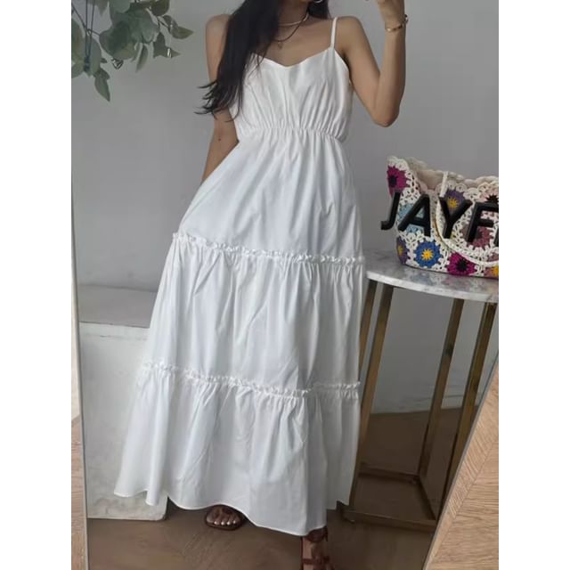 Spaghetti Strap Plain Shirred Midi A-Line Tiered Dress
