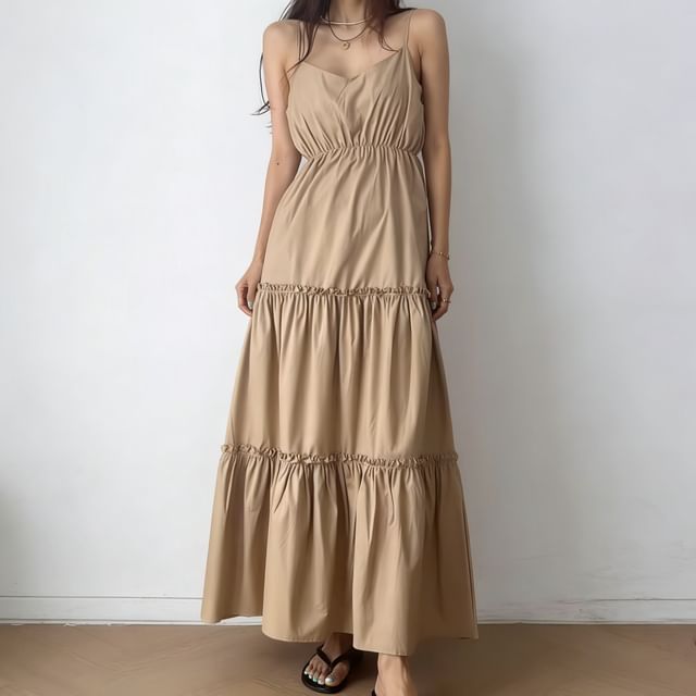 Spaghetti Strap Plain Shirred Midi A-Line Tiered Dress