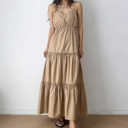 Spaghetti Strap Plain Shirred Midi A-Line Tiered Dress