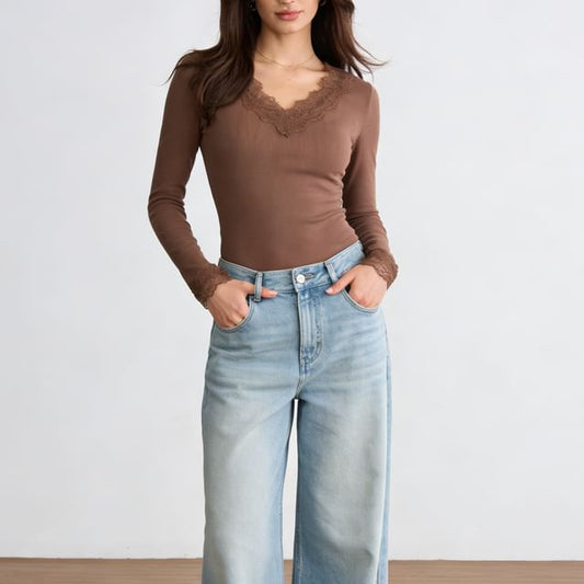 Ribbed V-Neck Lace Top with Long Sleeves