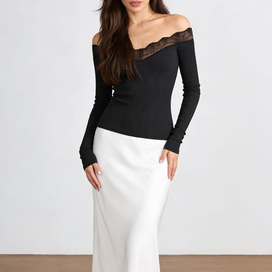 Ribbed Off-Shoulder Lace Top with Long Sleeves