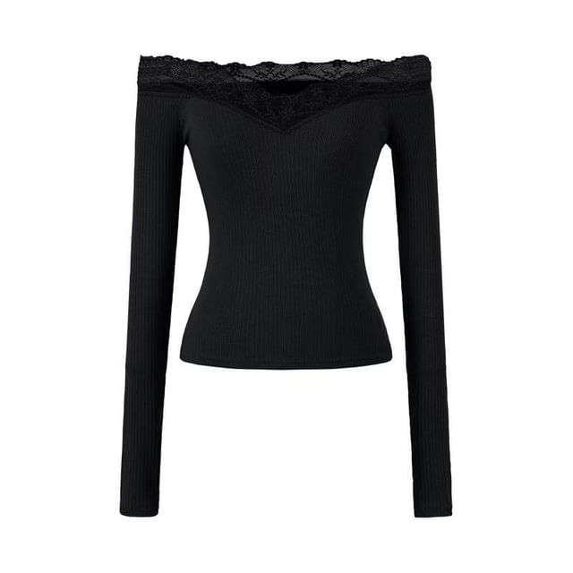 Ribbed Off-Shoulder Lace Top with Long Sleeves