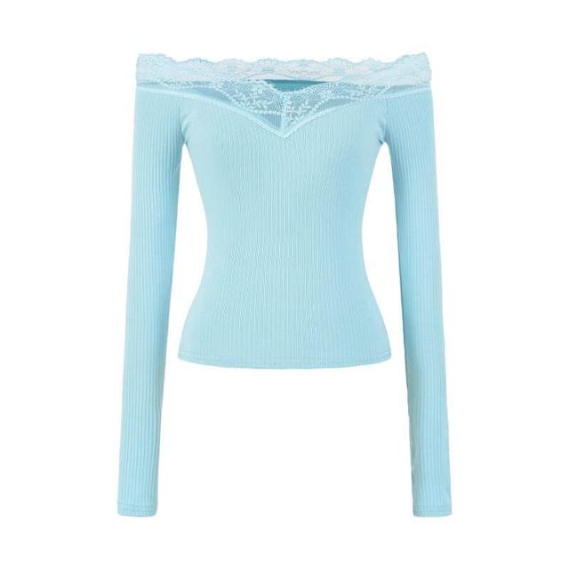 Ribbed Off-Shoulder Lace Top with Long Sleeves