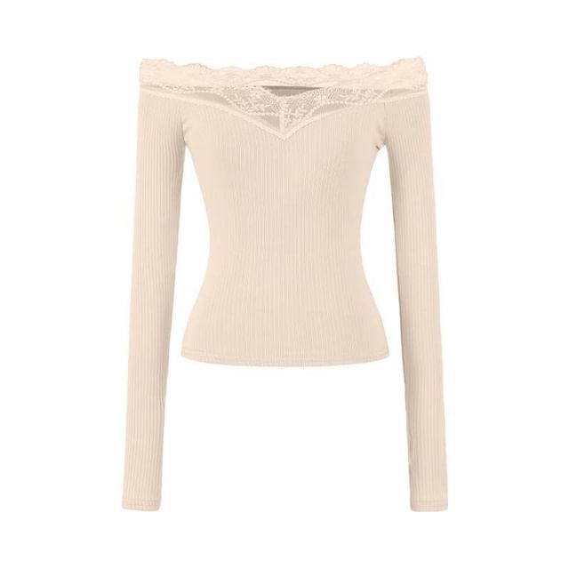 Ribbed Off-Shoulder Lace Top with Long Sleeves
