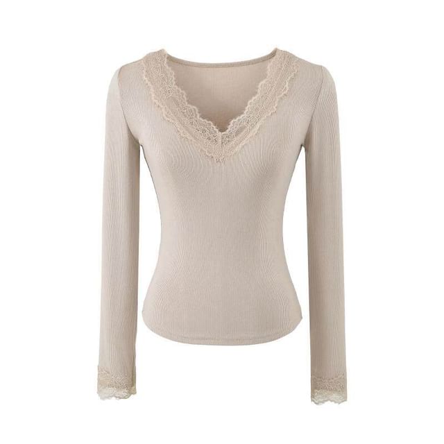 Ribbed V-Neck Lace Top with Long Sleeves