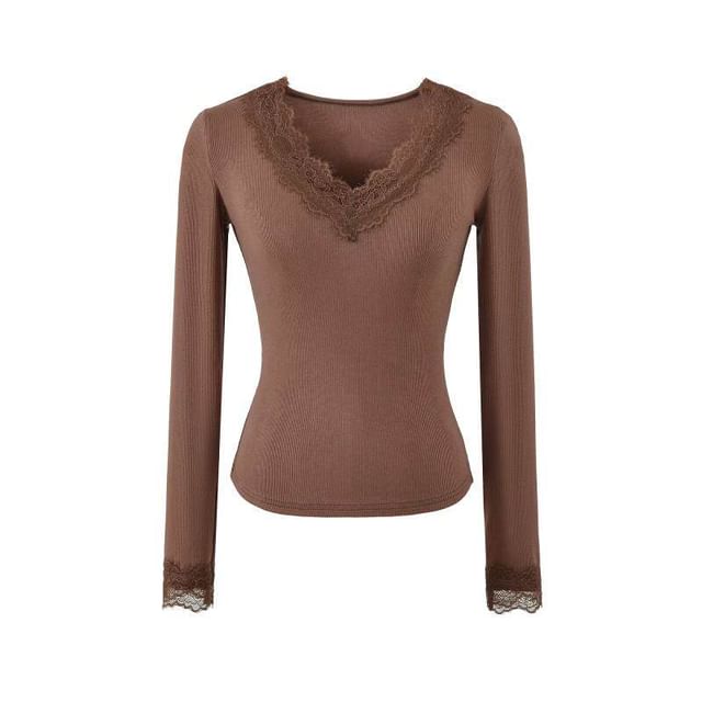 Ribbed V-Neck Lace Top with Long Sleeves