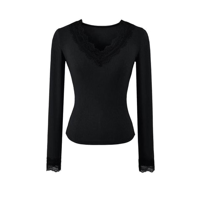 Ribbed V-Neck Lace Top with Long Sleeves