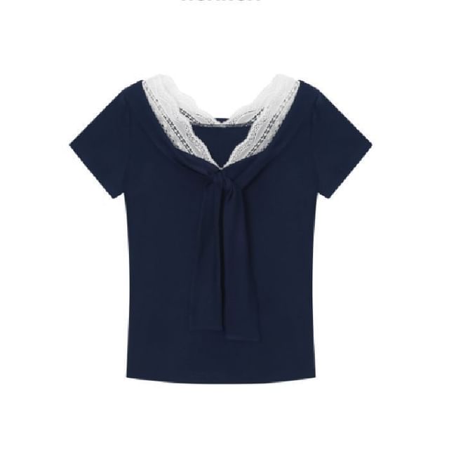 V-Neck Lace-Trim Tie-Front T-Shirt with Short Sleeves