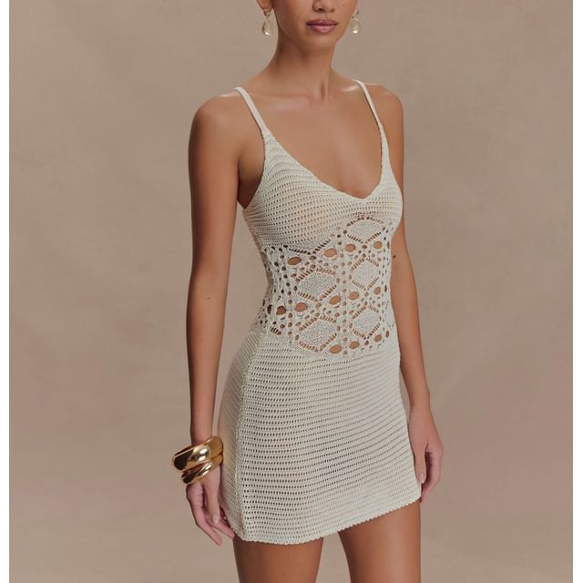 Spaghetti Strap Scoop Neck Crochet Knit Mini Bodycon Dress