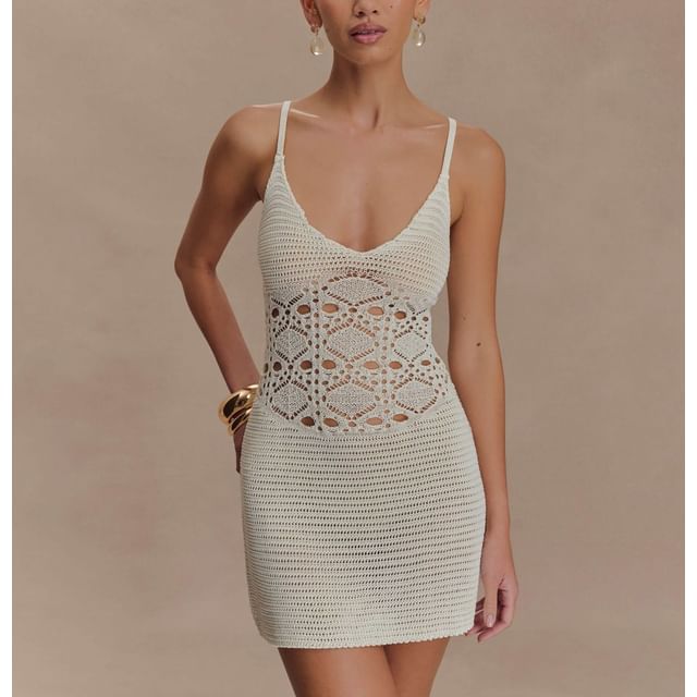 Spaghetti Strap Scoop Neck Crochet Knit Mini Bodycon Dress