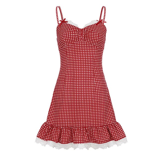 Spaghetti Strap Scoop Neck Lace Panel Checked Slim-Fit Mini Bodycon Dress