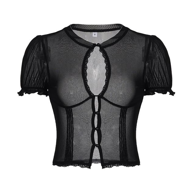 Sheer Keyhole Lace Panel Crop Blouse with Short Sleeves