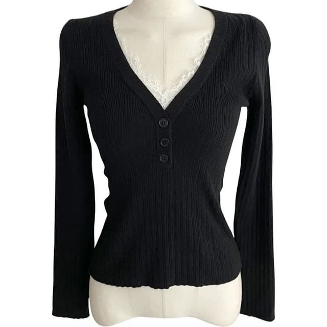 Lace Panel V-Neck Knit Top with Long Sleeves