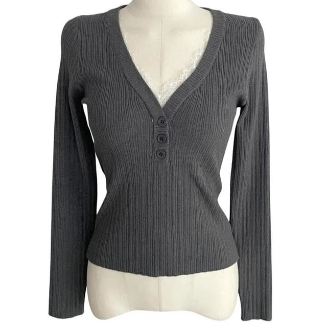 Lace Panel V-Neck Knit Top with Long Sleeves