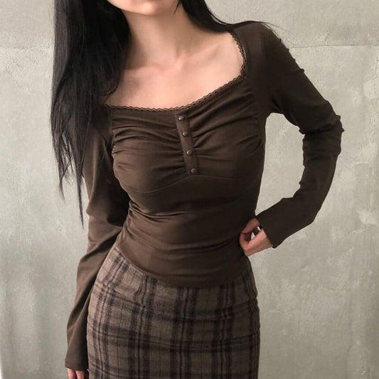 Ruched Square Neck Lace-Trim Crop T-Shirt with Long Sleeves