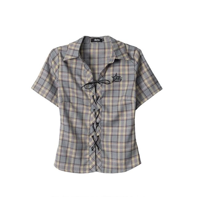 Short-Sleeved Collared Plaid Lace-Up Blouse