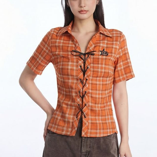 Short-Sleeved Collared Plaid Lace-Up Blouse