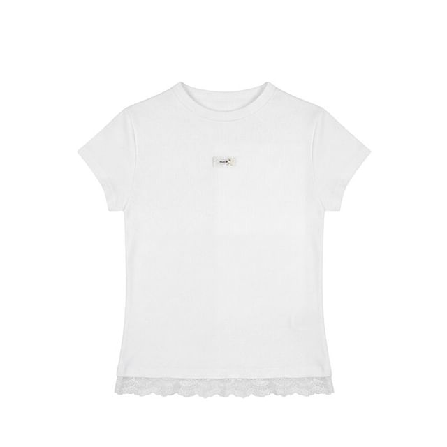 Short-Sleeved Crew Neck Lace Panel Tee