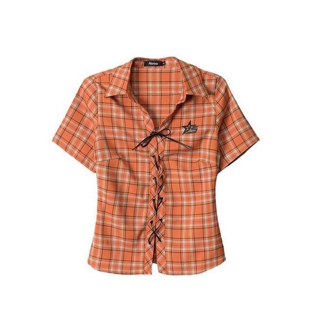 Short-Sleeved Collared Plaid Lace-Up Blouse