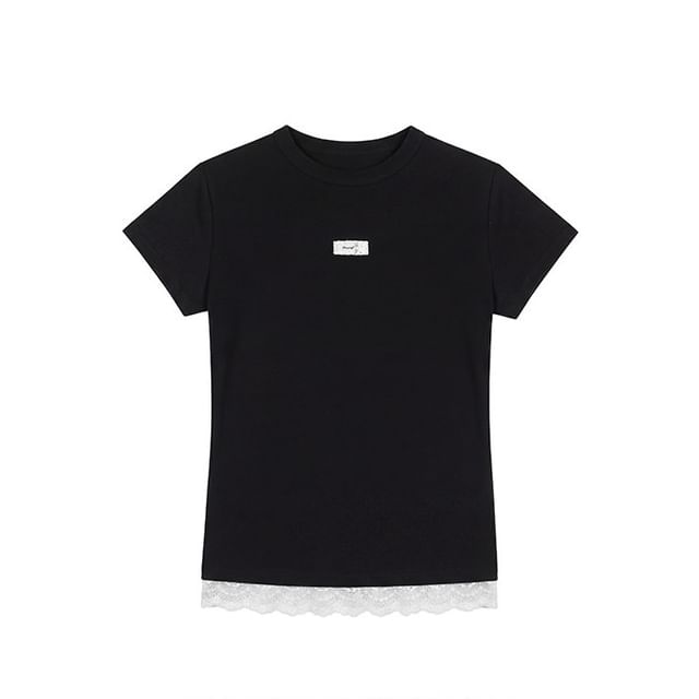 Short-Sleeved Crew Neck Lace Panel Tee