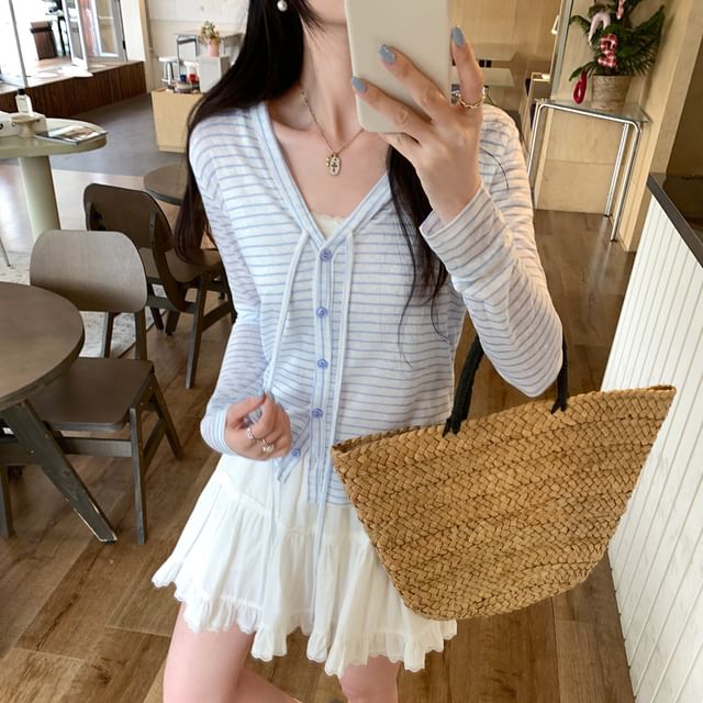 V-Neck Striped Tie Front Light Cardigan