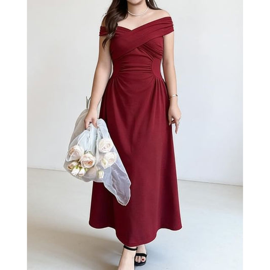 Short-Sleeve Off Shoulder Plain Maxi A-Line Dress