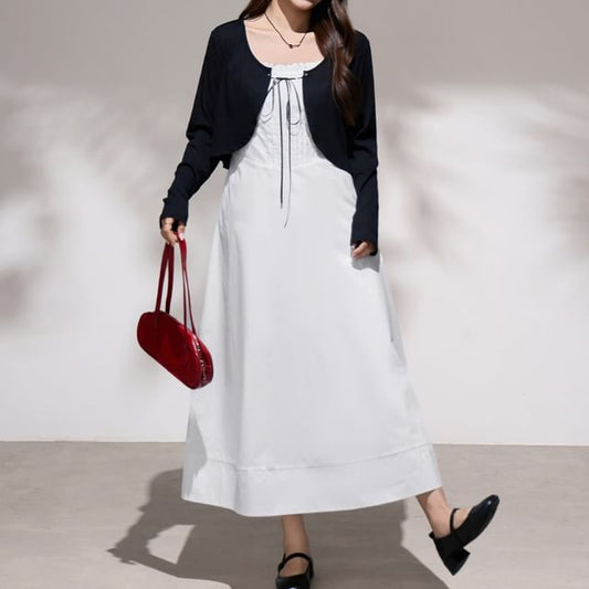 Open Front Plain Crop Cardigan / Sleeveless Maxi A-Line Dress