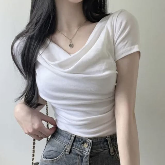 Cowl Neck Crop Short Sleeve Solid Tee