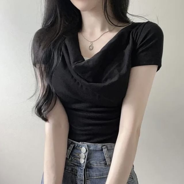 Cowl Neck Crop Short Sleeve Solid Tee