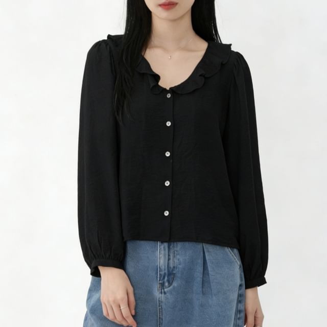 Ruffle Collar Button-Up Long Sleeve Blouse