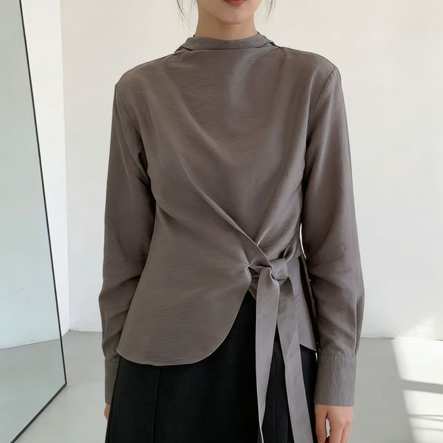Asymmetrical Tie-Waist Blouse with Mock Neck and Long Sleeves