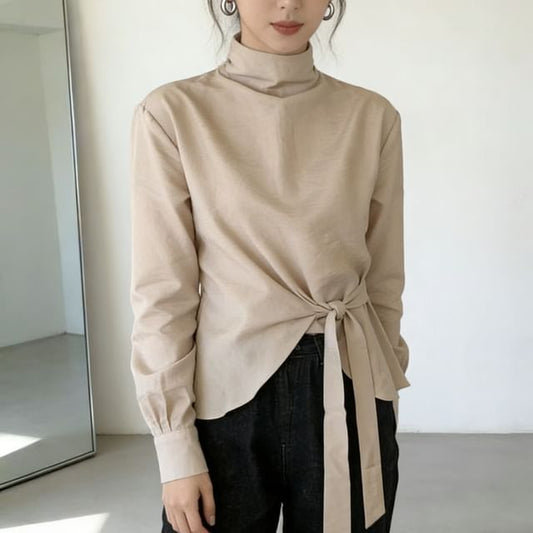 Asymmetrical Tie-Waist Blouse with Mock Neck and Long Sleeves