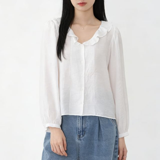 Ruffle Collar Button-Up Long Sleeve Blouse