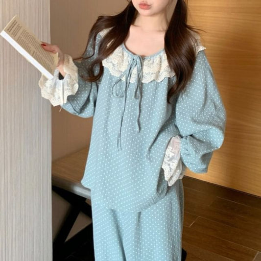 Polka Dot Lace Panel Midi Pajama Dress Set